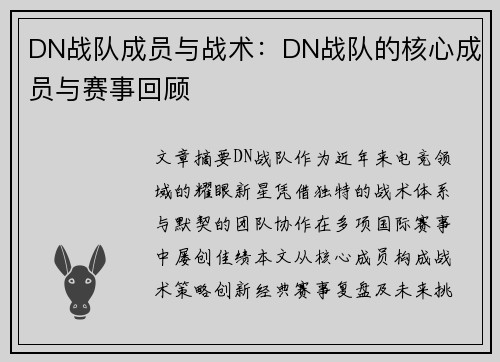 DN战队成员与战术：DN战队的核心成员与赛事回顾